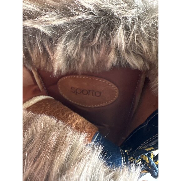 Sporto Duck Lace Up Boots Leather Tan Navy Faux Fur Lined Waterproof Zip Size 7 - Picture 5 of 8